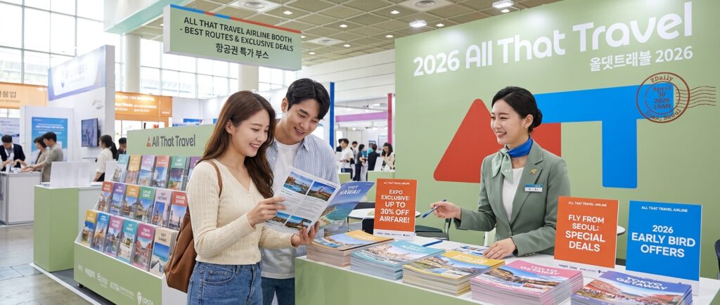 커플이 여행 상품 브로슈어를 살펴보고 직원의 설명을 듣는 모습