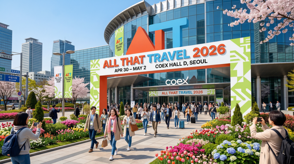 봄 햇살 아래 코엑스 행사장 입구로 들어가는 방문객과 올댓트래블 2026 행사 배너