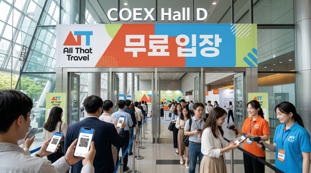 무료 입장 배너가 걸린 코엑스 Hall D 입구와 QR 입장 대기 줄 모습