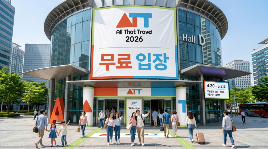 무료 입장 배너가 설치된 코엑스 Hall D 외부 입구와 방문객 모습